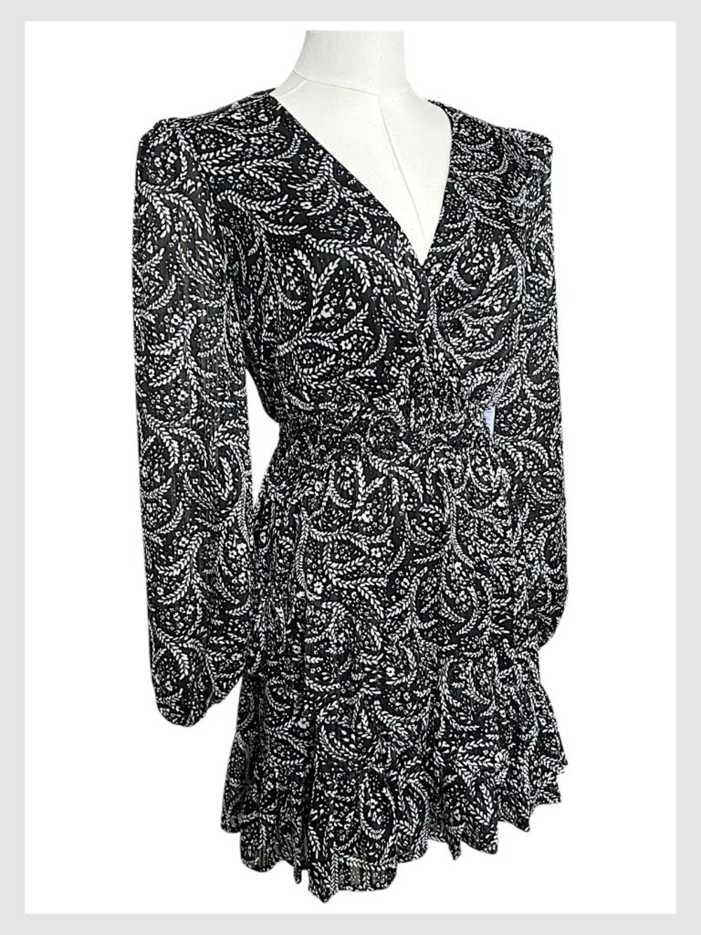 Aqua Black White Floral Ruffle Mini Dress Long Sleeve XS - Picture 4 of 10